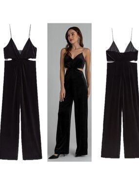 Zara Festive Days Black Velvet cut-out V-neck Jumpsuit crystal rhinestone strap